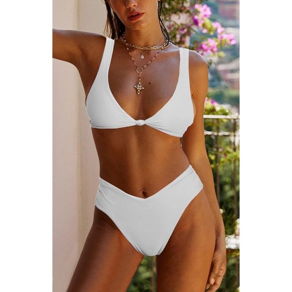 Women's White Solid V Neck Knot Front Push Up High Leg Thong Two Piece Swimsuit - Picture 6 of 8